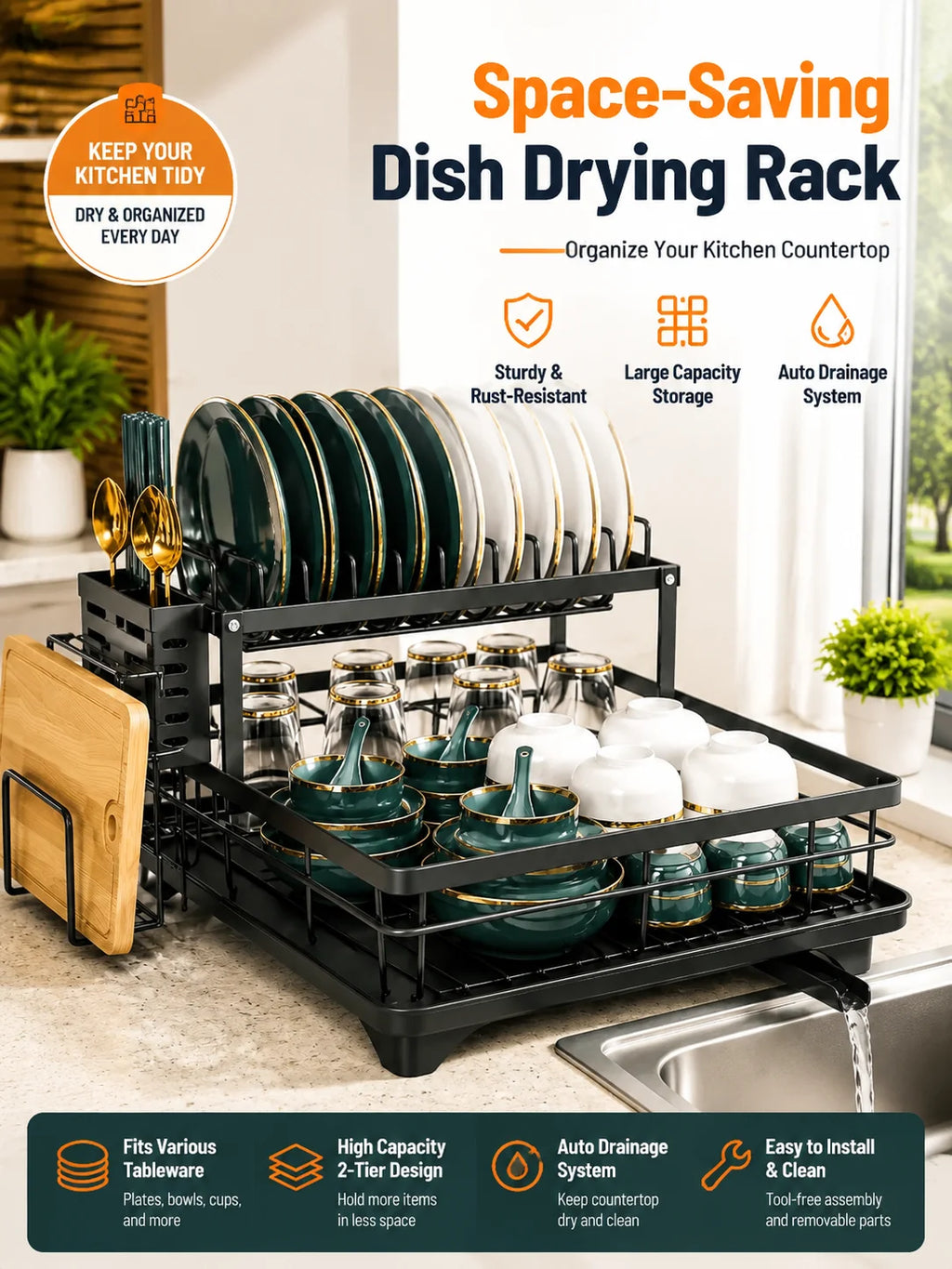 2-Tier Auto-Drain Dish Rack