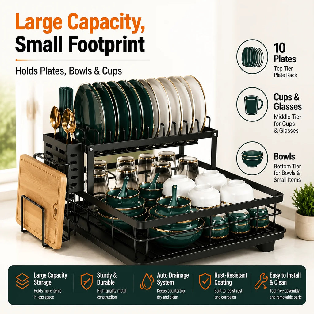 2-Tier Auto-Drain Dish Rack