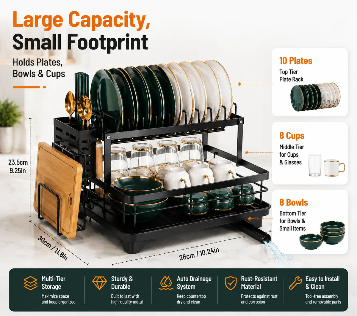 2-Tier Auto-Drain Dish Rack