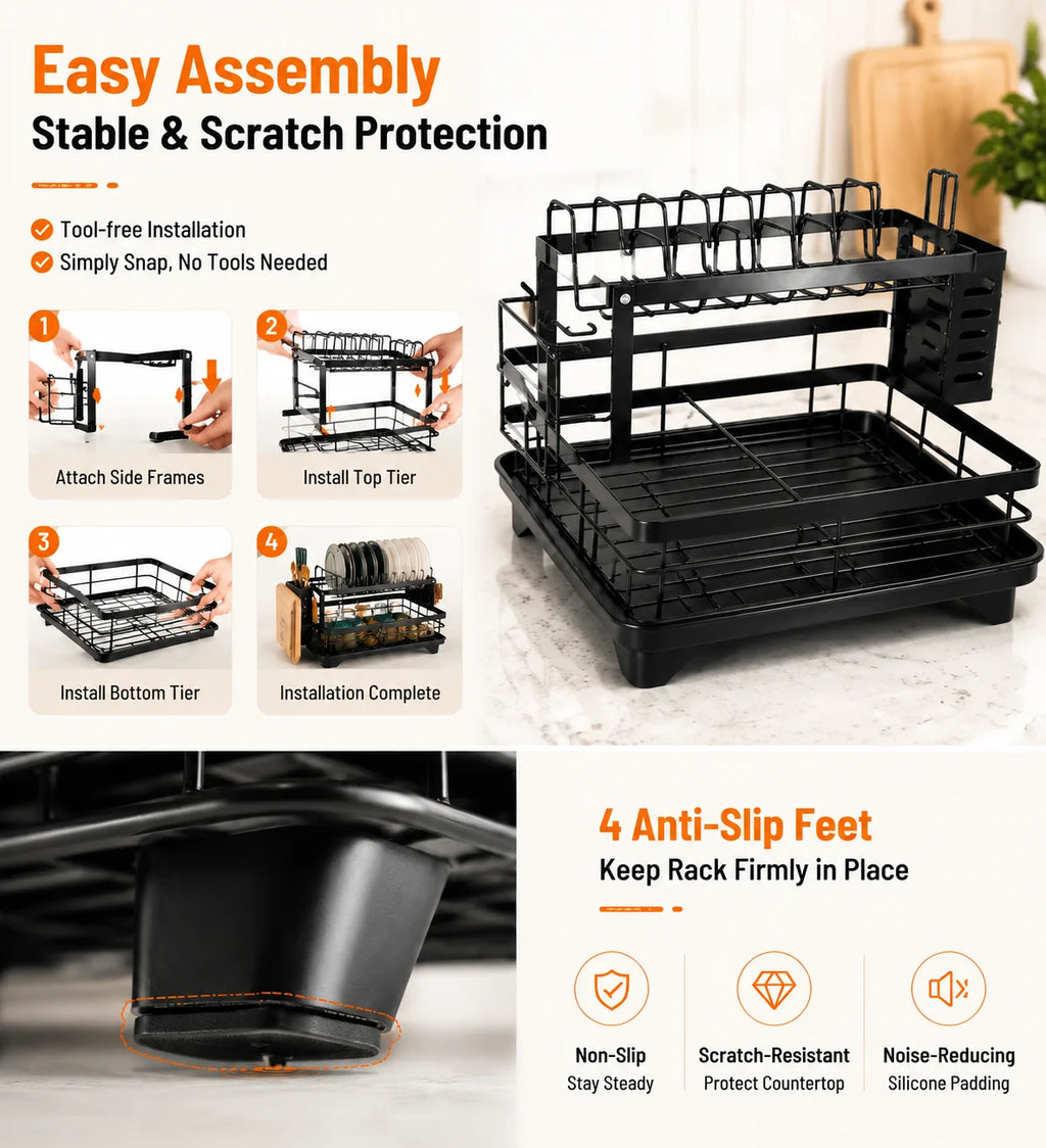 2-Tier Auto-Drain Dish Rack