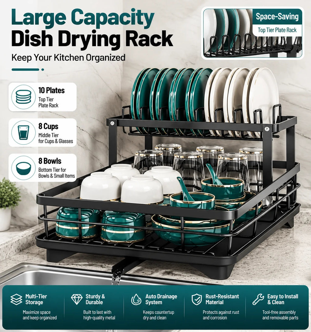 2-Tier Auto-Drain Dish Rack