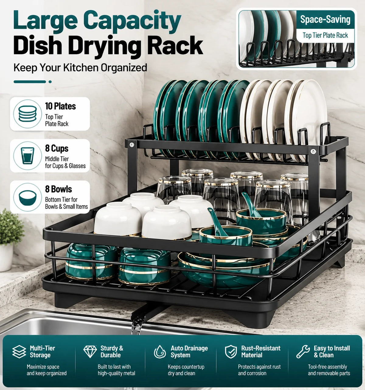 2-Tier Auto-Drain Dish Rack