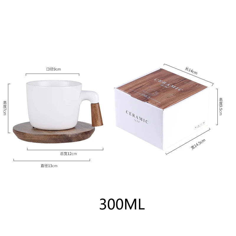White Ceramic Tea Set with Wooden Handles & Acacia Coasters (Teapot + 4 Cups)
