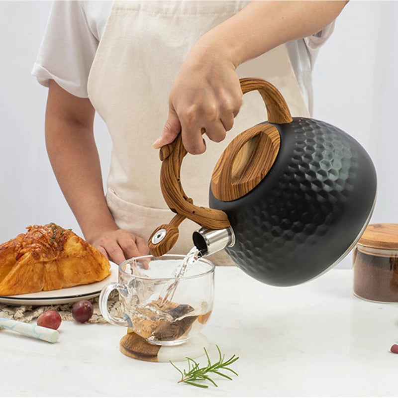 Hammered Stainless Steel Whistling Kettle with Wood Handle