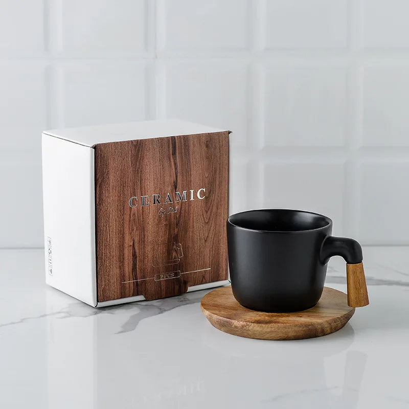 White Ceramic Tea Set with Wooden Handles & Acacia Coasters (Teapot + 4 Cups)