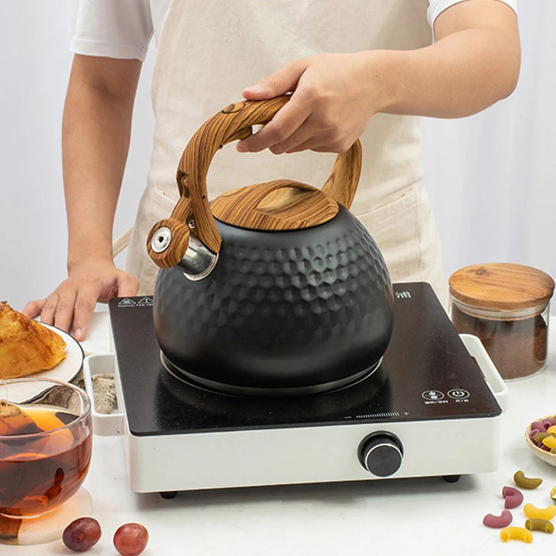 Hammered Stainless Steel Whistling Kettle with Wood Handle