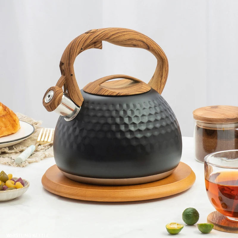 Hammered Stainless Steel Whistling Kettle with Wood Handle