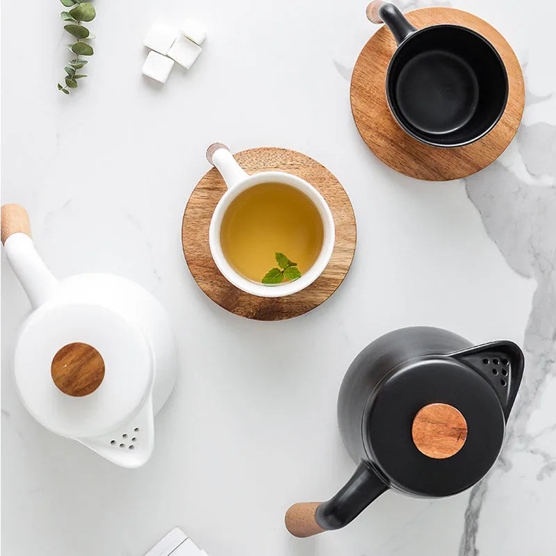 White Ceramic Tea Set with Wooden Handles & Acacia Coasters (Teapot + 4 Cups)