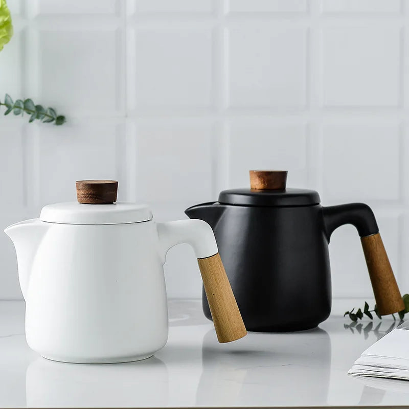 White Ceramic Tea Set with Wooden Handles & Acacia Coasters (Teapot + 4 Cups)