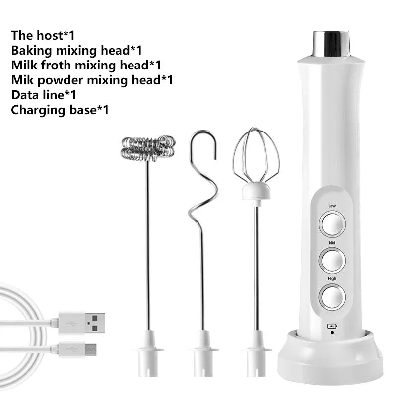 USB Rechargeable Electric Milk Frother with 3 Attachments