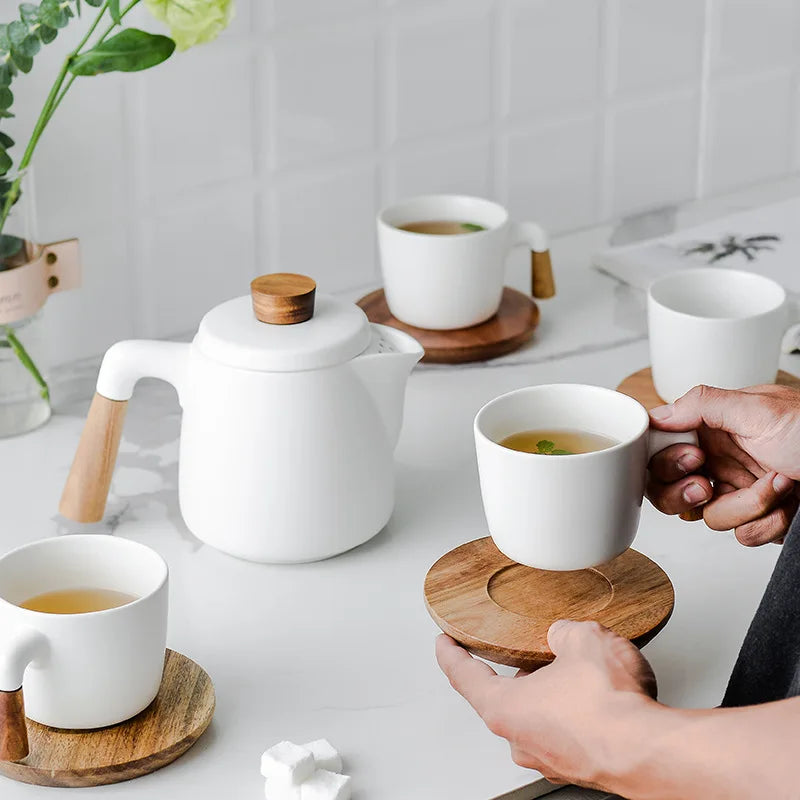 White Ceramic Tea Set with Wooden Handles & Acacia Coasters (Teapot + 4 Cups)