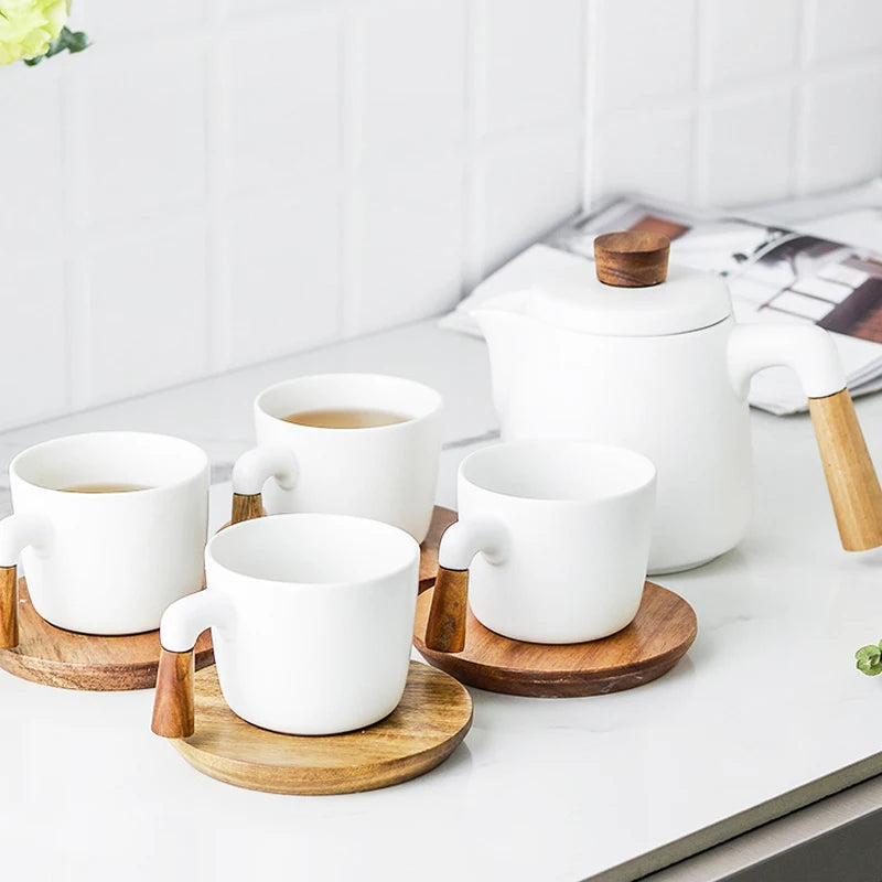 White Ceramic Tea Set with Wooden Handles & Acacia Coasters (Teapot + 4 Cups)
