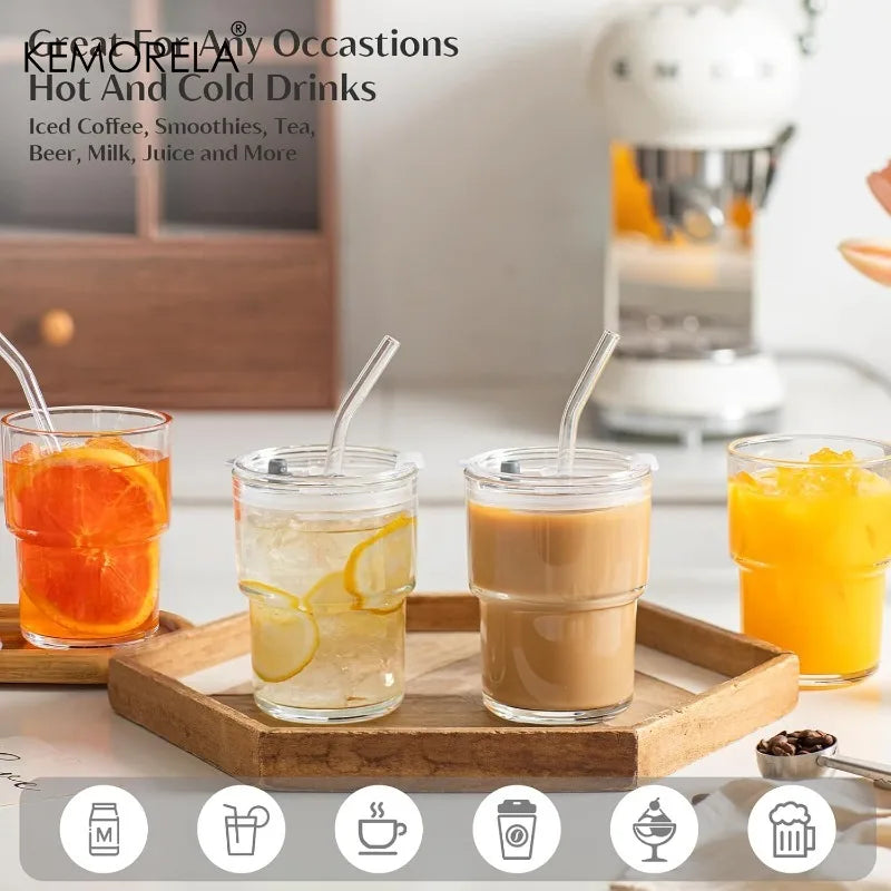 Wide-Mouth Glass Cup with Clear Lid & Bent Glass Straw