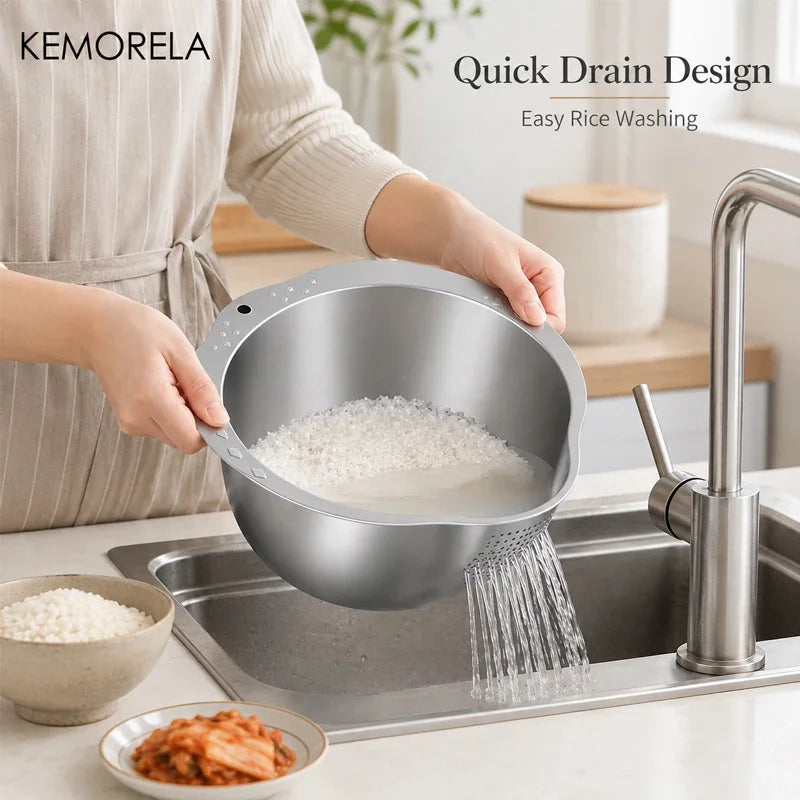 Stainless Steel Rice Washing Bowl with Side Drain Holes (24/26/28cm)