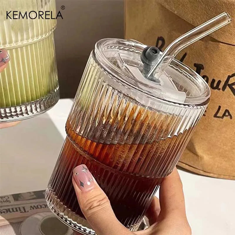 Ribbed Glass Cup with Lid & Glass Straw