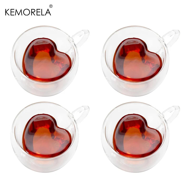 Double-Wall Heart-Shaped Glass Cup with Handle (Set of 4, 80ml)