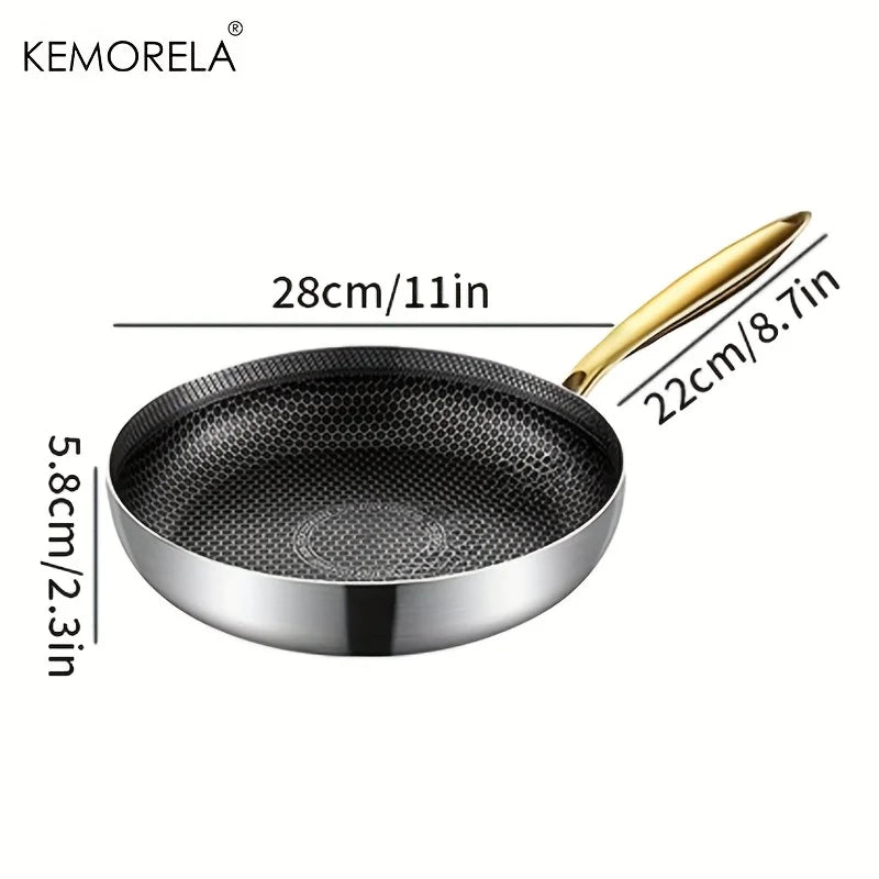 316 Stainless Steel Honeycomb Non-Stick Frying Pan with Gold Handle