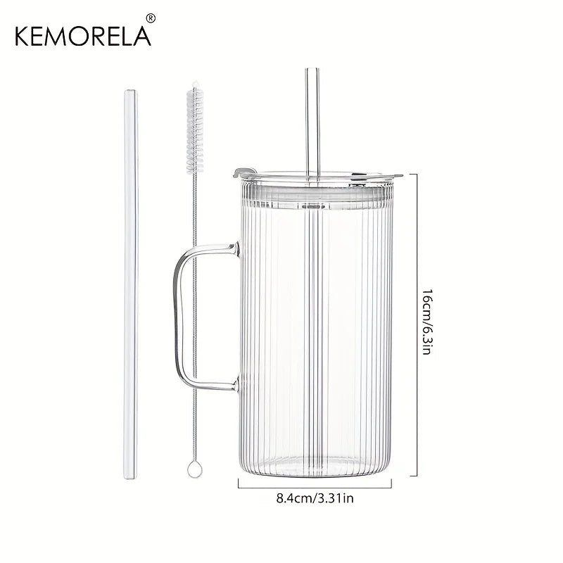 Ribbed Glass Mug with Lid & Straw