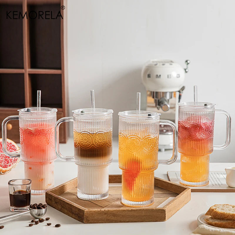 Ribbed Glass Tumbler with Handle, Lid & Glass Straw (600ml)