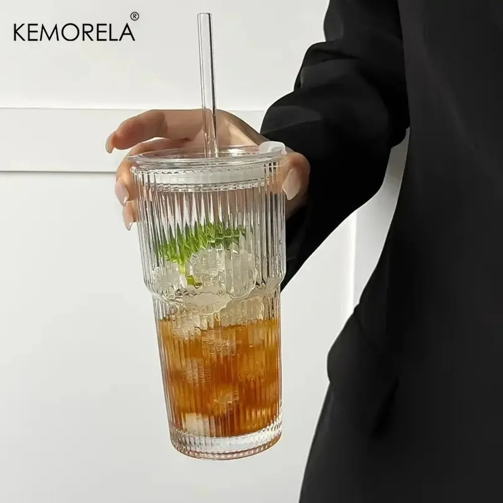 Tall Ribbed Glass Tumbler with Lid & Glass Straw (500/700ml)