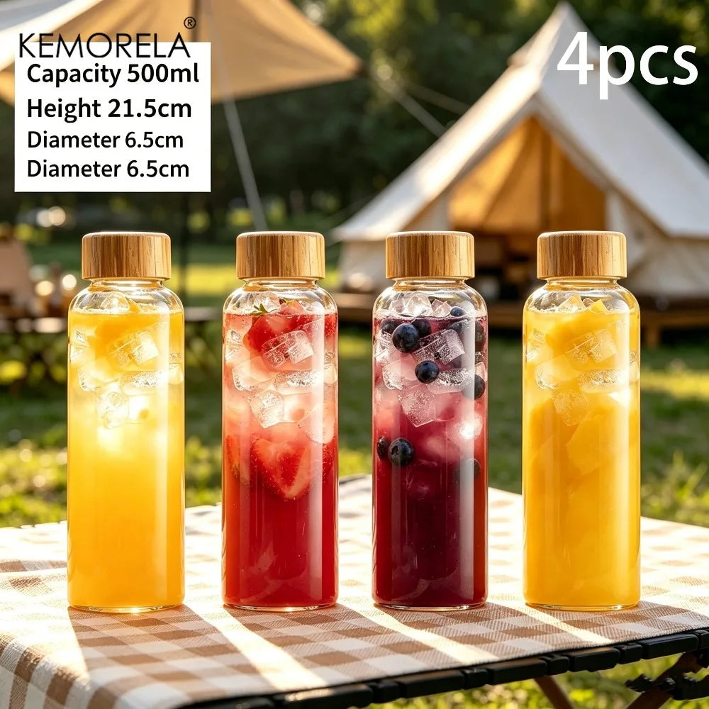 Glass Water Bottle with Bamboo Cap (2 & 4pcs)
