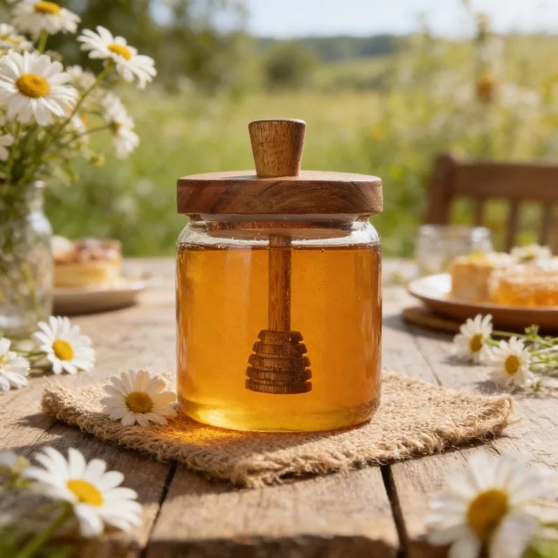 Glass Honey Jar with Acacia Wood Lid & Dipper