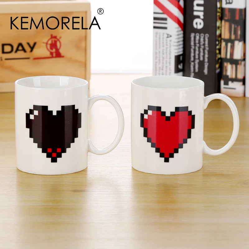 Heat-Sensitive Color-Changing Pixel Heart Ceramic Mug (350ml)