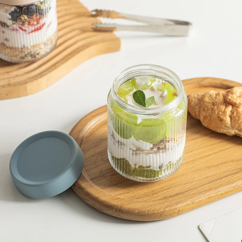 Ribbed Glass Yogurt & Overnight Oats Jar with Colored Lid (4pcs)