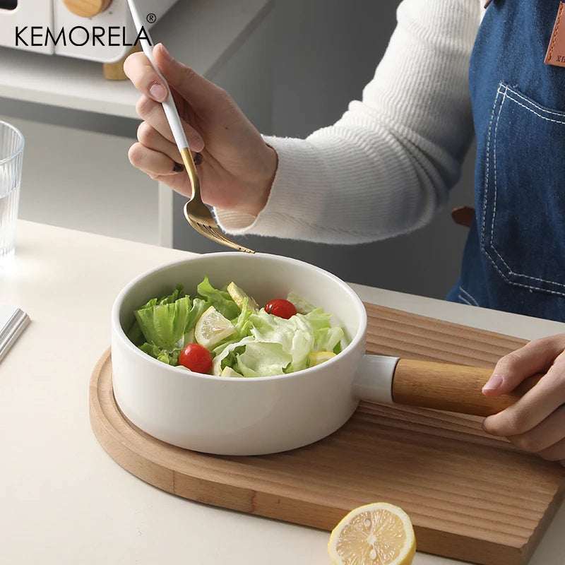 Matte White Ceramic Sauce Pan with Bamboo Handle (14/16cm)