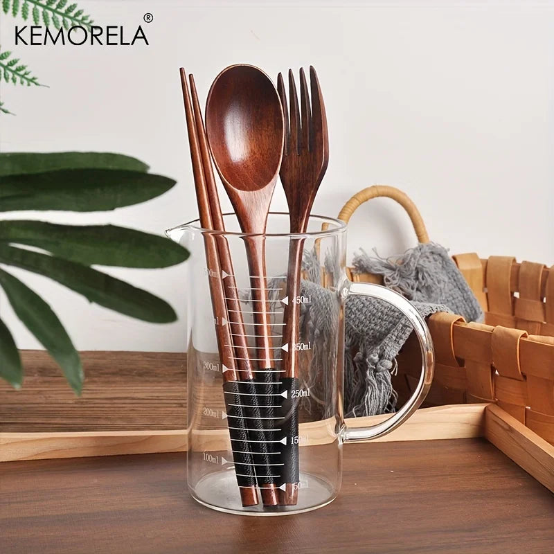 Solid Walnut Wood Cutlery Set — Chopsticks, Spoon & Fork with Rope-Wrap Handle (3-Piece)