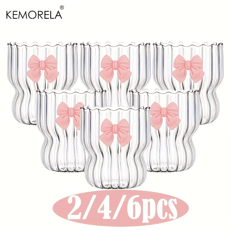Wavy Ribbed Glass Tumbler with Pink Bow Accent (Set of 2/4/6, 400ml)
