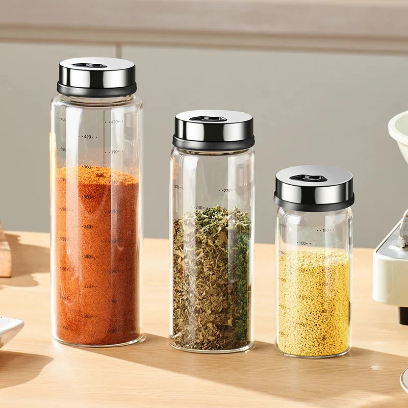 Glass Spice Jars with Flip-Top Stainless Steel Lids & Measurement Scale