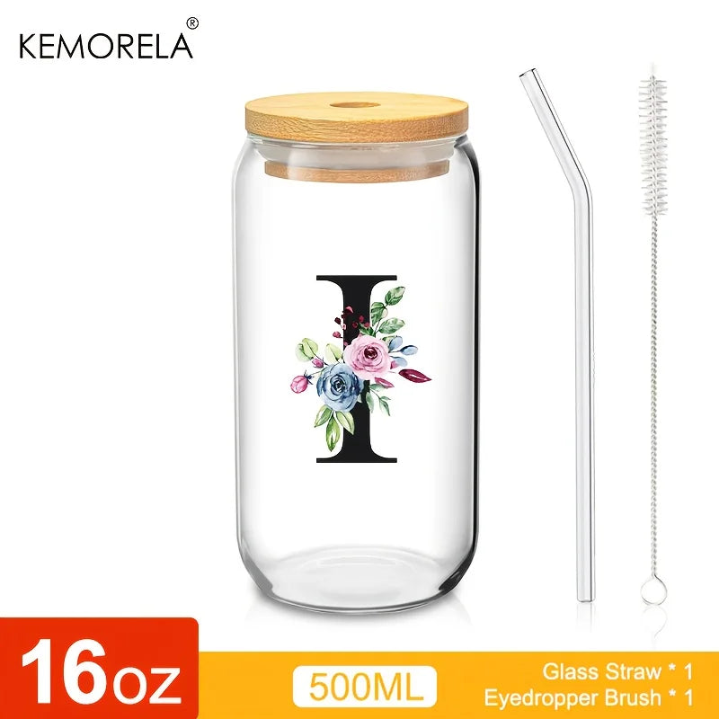 Personalized Initial Letter Glass Can Cup with Bamboo Lid & Straw (500ml)