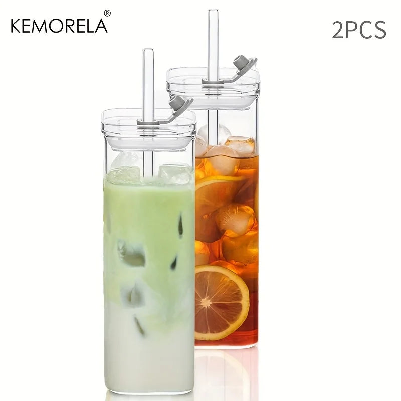 Tall Square Glass Cup with Flip Lid & Straw