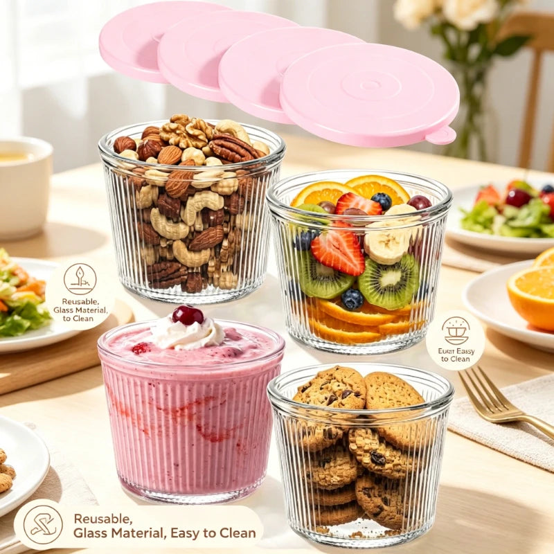 Ribbed Glass Overnight Oats Jar with Lid (2pcs)