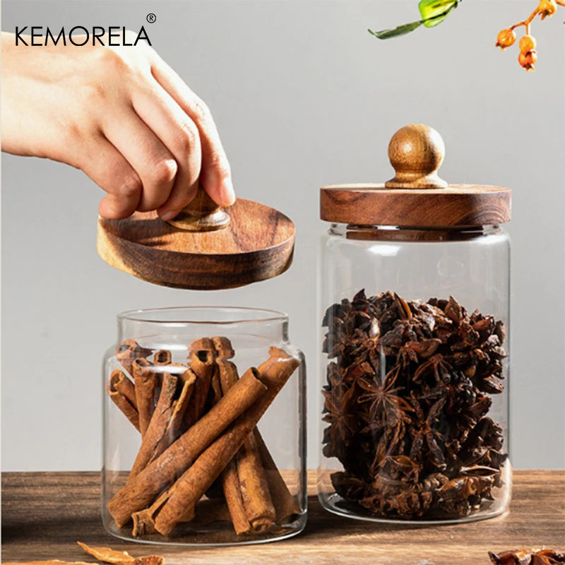 Glass Pantry Jar with Acacia Wood Ball Lid (3 Sizes)