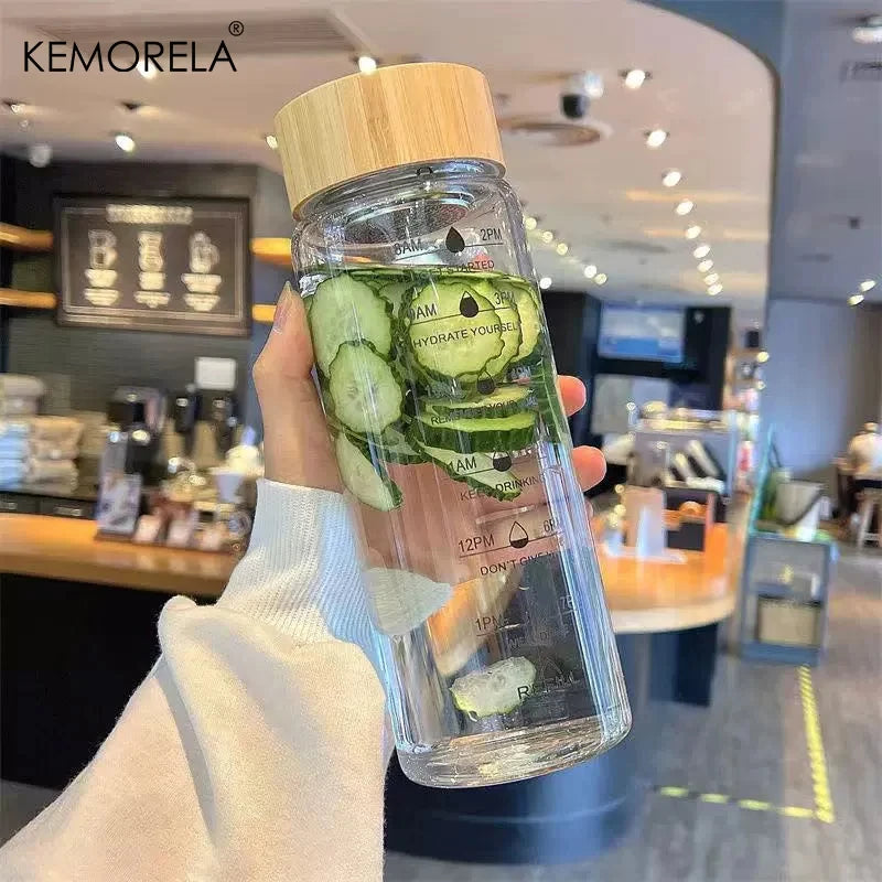 Time-Marked Glass Water Bottle with Bamboo Lid (550ml)