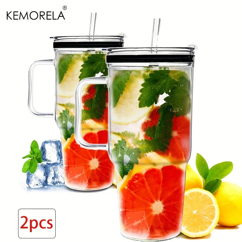 Large Glass Tumbler with Handle, Lid & Straw — Set of 2