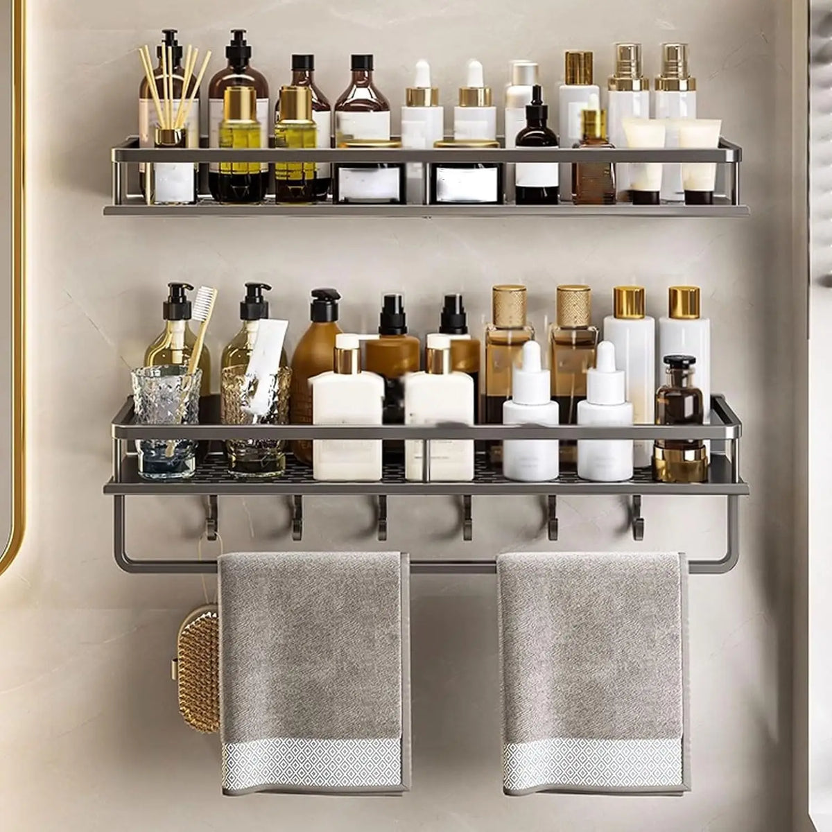 No-Drill Shower Wall Shelf with Hooks
