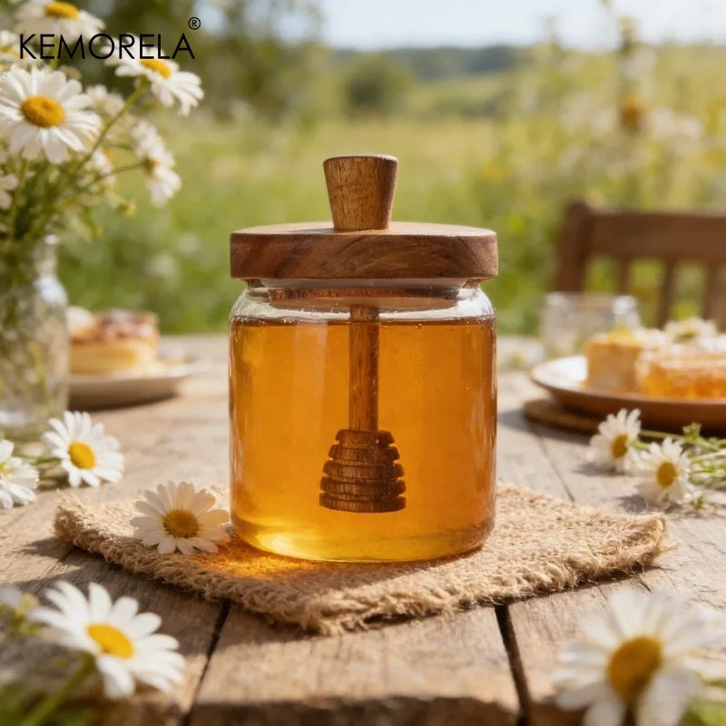 Glass Honey Jar with Acacia Wood Lid & Dipper