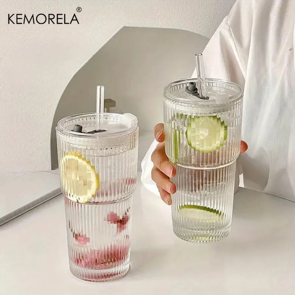 Tall Ribbed Glass Tumbler with Lid & Glass Straw (500/700ml)