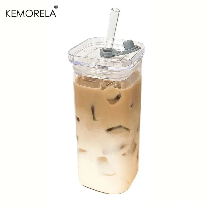 Square Glass Mug with Handle, Bamboo Lid & Straw (400ml)