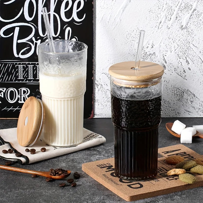 Dual-Texture Ribbed Glass Cup with Bamboo Lid & Straw