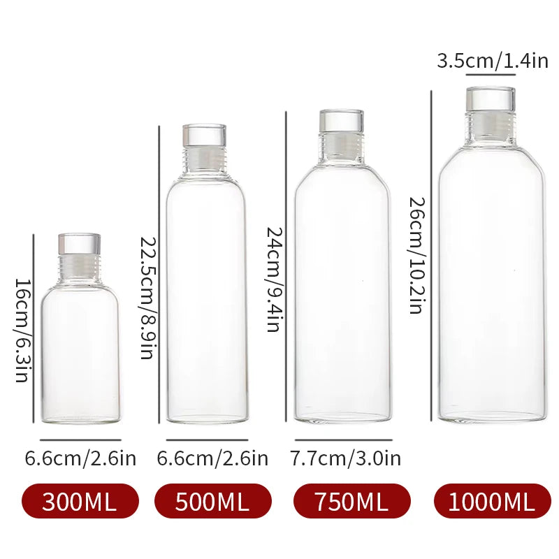Round Glass Water Bottle with Stainless Lid (300/500/700ml)