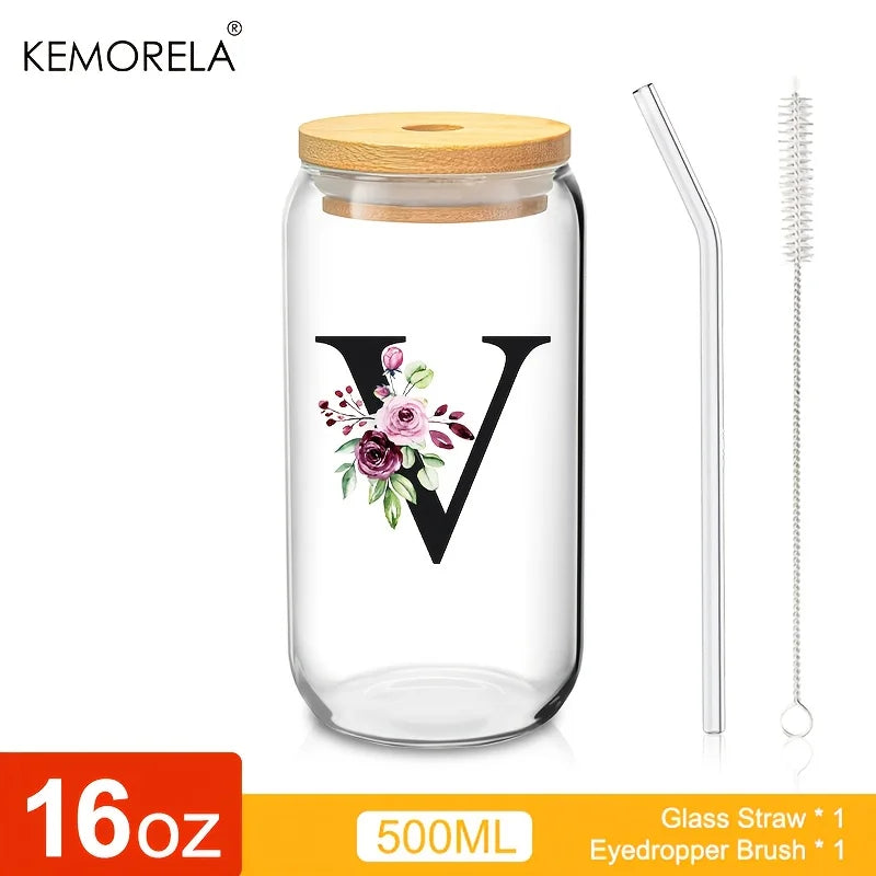 Personalized Initial Letter Glass Can Cup with Bamboo Lid & Straw (500ml)
