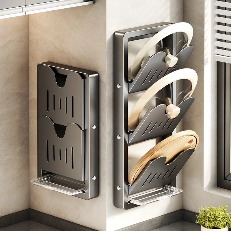 Wall-Mounted Pot Lid Organizer with Drip Tray