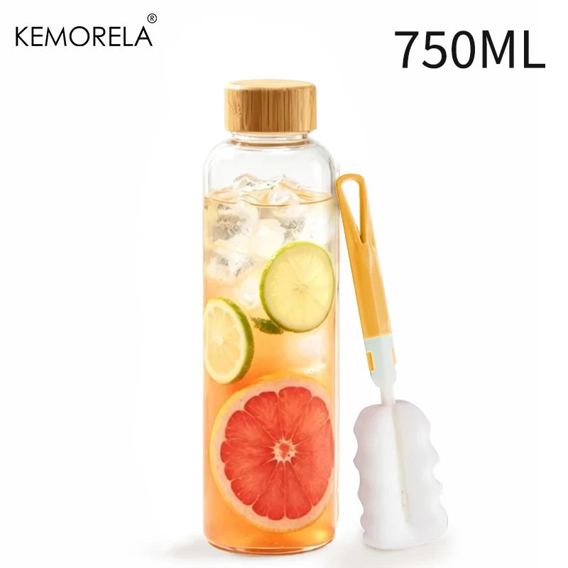 Portable Borosilicate Glass Water Bottle with Bamboo Lid & Cleaning Brush (500/700ml)