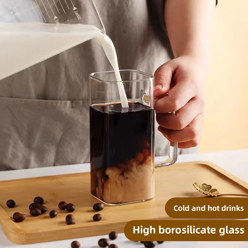 Square Glass Mug with Handle, Bamboo Lid & Straw (400ml)