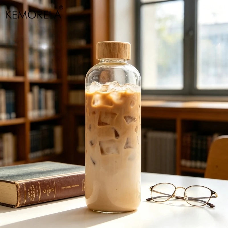 Portable Borosilicate Glass Water Bottle with Bamboo Lid & Cleaning Brush (500/700ml)