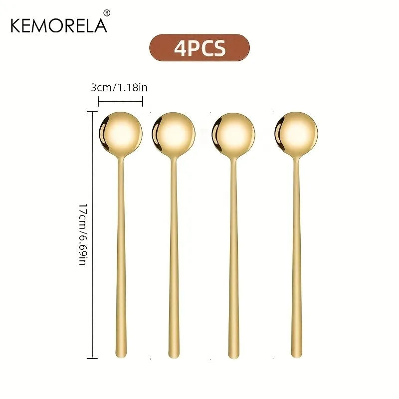 Long-Handle Gold Stainless Steel Spoons Set (4pcs)